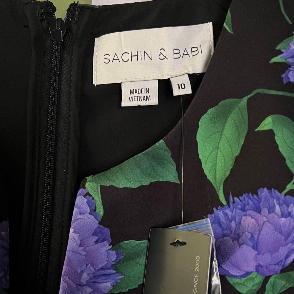 Sachin + Babi Black Dress with Purple and Green Floral Pattern